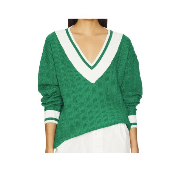 Beach Riot Montana Top Green Cable Knit V-Neck Sweater with White Trim Medium - Picture 1 of 6